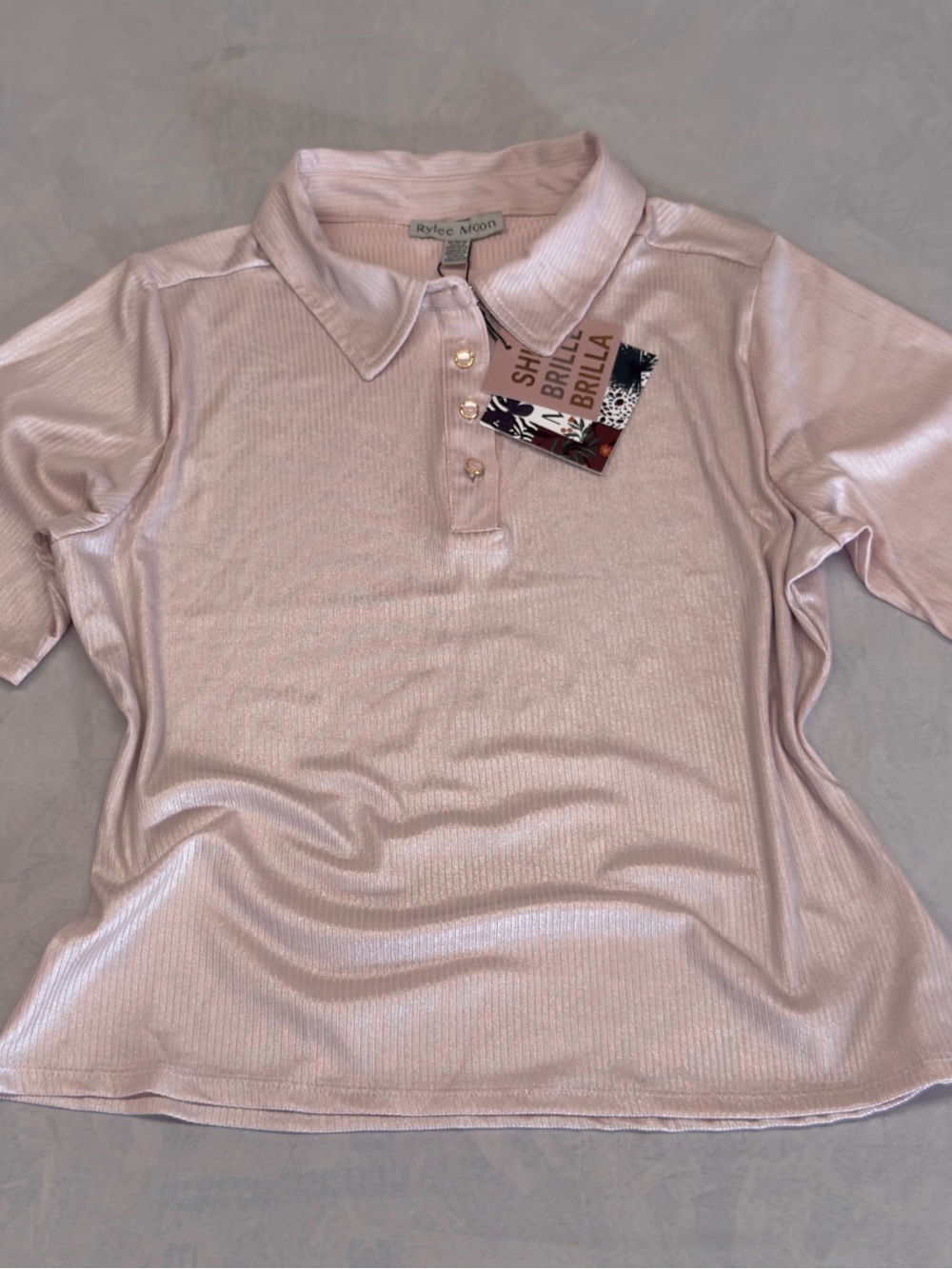 Rylee Moon Ribbed Knit Polo Top Dusty Rose Chic NWT